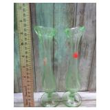 PAIR-- GREEN URANIUM GLASS BUD VASES -- GLOWS