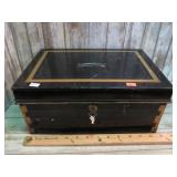 ANTIQUE PAINTED TIN LOCK BOX WITH KEY