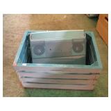 WOOD CRATE WITH UNDER CABINET STEREO & MISC
