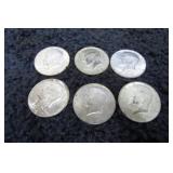 6-- 40% SILVER US 1/2 DOLLAR COINS