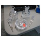 2-- CRYSTAL PERFUME BOTTLES & WATERFORD RING HOLDR