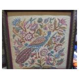 FRAMED PEACOCK NEEDLEPOINT ART -- 19 1/2 X 19 1/2