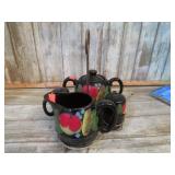 BROWN / RED CLAY POTTERY CREAM, SUGAR & S&P