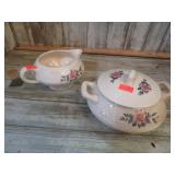 VINTAGE CREAM & SUGAR & GREEN GLASS DISHES