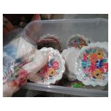 STORAGE TUB W/ MISC PARTY PLATES, ETC