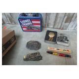 TRAIN BELT BUCKLES, POCKET WATCH, ETC
