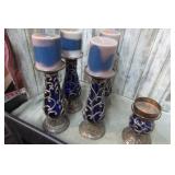 BLUE GLASS & METAL CANDLE STANDS