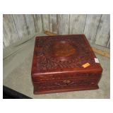CARVED WOOD BOX & COSTUME JEWELRY