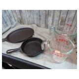 PYREX MEASURING CUPS & CAST IRON SKILLETS
