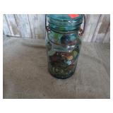 BAIL TOP BALL JAR W/ MARBLES & COINS