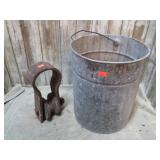 WELL BUCKET & IRON ROPE PULLY