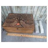 CARVED WOODEN BOX & SELENITE CRYSTALS