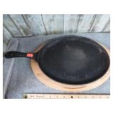 2-- CAST IRON SIZZLER PANS & WOODEN HOLDERS