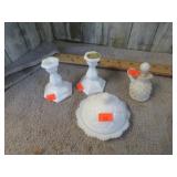 MILK GLASS TOY BUTTER DISH CRUET & CANDLE HOLDERS