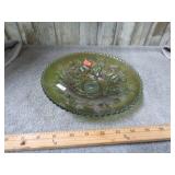 GREEN FENTON CARNIVAL GLASS FOOTED BOWL