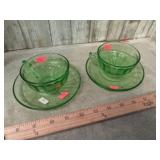 2ea-- GREEN URANIUM GLASS CUPS & SAUCERS