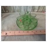 GREEN URANIUM GLASS CORDIAL CUPS & CARRIER
