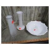 MILK GLASS BOWL & VASES