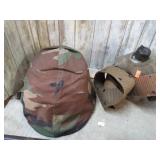 STEEL POT MILITARY HELMET, CANTEEN & BELT