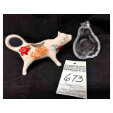 Pioneer Woman floral cow creamer, Pear crystal trinket bowl