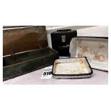 Vintage 2 - Porcelain Enamelware,  Old Wooden Box, empty Black Box
