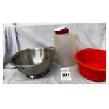 Rubbermaid Gallon Pitcher, Metal Colander, Red Plastic Bowl