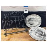 2-Vintage Edwin Knowles "Ebonetter" Serving Platters,  Black metal Rack & Storage
