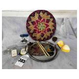 Homemade woven stray tray, vintage coke opener, clear picture frames, & more