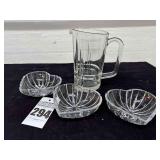 Glass Pitcher, 3 Crystal Heart Bowls