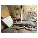 Misc. Lot - Tomato Cages, Fence Posts, Shepards Hook, Yard Tools, Broom, Boards, Landscape Mesh, Particle Boards