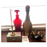 Vintage Jim Beam Decanter, Viking Glass Yesteryear ruby Red Decanter, Carnival Glass Ruffled Edge Bowl, Small Brass Candlestick Holder, Cloth Keepsake Box