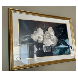 Giant Magnolias on a Blue Velvet Cloth Picture, Matted in a nice Gold Frame
