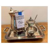 Silver Plated Tray with Pitcher, Lidded Bowl with a spoon, Bowl