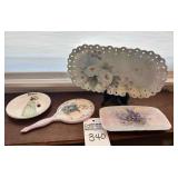 Hand Painted Decorative Pieces, Vanity Dish, Trinket Plate, Mirror,