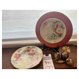 2 Hand Painted Decorative Plates, 1 Brass Duck & 2 Brass Quails, Bell