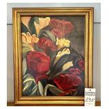 Red & Yellow Flowers - Oil Painting with Golden Frame