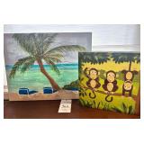 2 Paintings - One Monkeys & One of Palm Tree on Beach