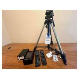 Velbon Tripod, 2 Old Cell Phones, Ear Pods