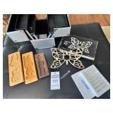 Metal Tier Beauty Box, Wood Molds, Box of Crystals, Butterfly Trivet