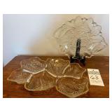 Vintage Jeannette Glass Leaf Shaped Divided Relish Serving Tray, & Vintage Indiana Glass 'Wild Rose' pattern Serving Platter