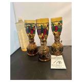 3 Vintage Miniature Amber Stained Glass Oil Lamps With Oil