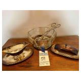 Silver Plated Butter Dish, Gravy Bowl, Serving Bowl with Tongs