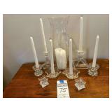 Large Lot of Crystal & Glass Candlestick Holders & Hurricane with candles
