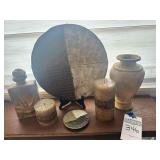 Decorative Plater with matching Coaster, Pillar Candles, Stone Vase