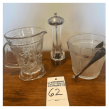 Vintage Anchor Hocking Textured Glass Ice Bucket with Tongs, Pressed Glass Pitcher, Pepper Mill,