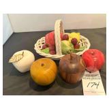 Vintage Italian Ceramic Fruit Basket,  & 4 Misc Apples (one wood bowl with a top, Marble, Solid Wood)