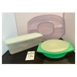 Tupperware - Green Bowl with a lid, Rectangular Container with lid, Large Divider Plate