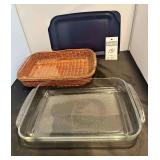 1 Pyrex 2Qt Baking Dish with lid & Rattan Basket, and 1 - 2 Qt Baking Dish