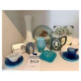 Jasperware Creamer, Blue Opalescent Hobnail Vase, Tall Milk Glass Vase, Blue Ashtray,  Decorative Tile, Clock, Mini teacup & saucer
