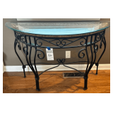 Half Circle Glass Top Table with Black Metal Frame and Wicker